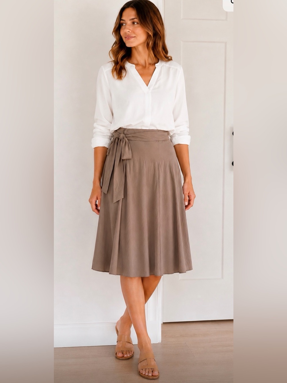 Women's Taupe Wrap Skirt with Tie Waist